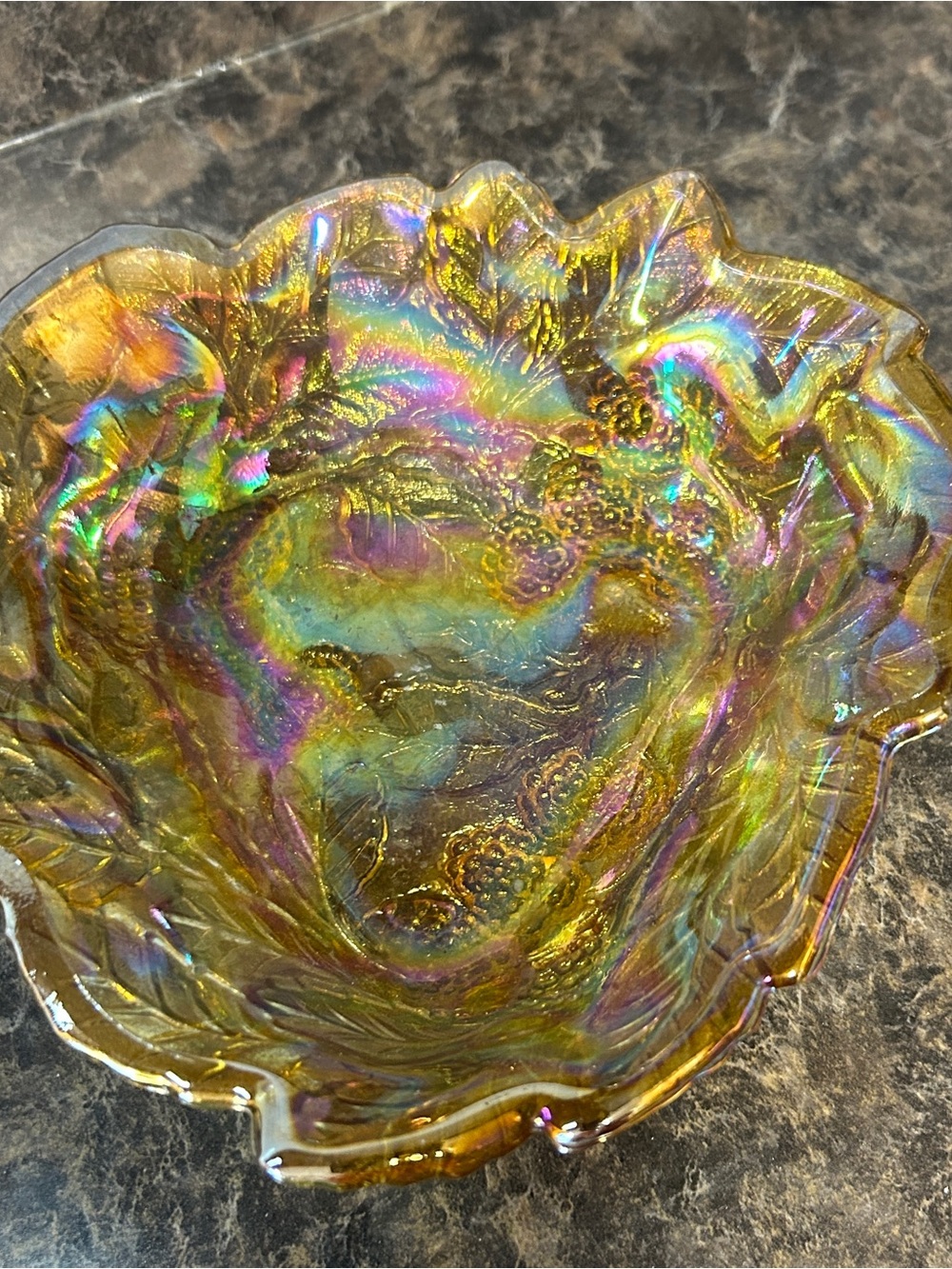 Antique Fenton Marigold Carnival Glass Blackberry Spray Ruffled Hat Bowl
